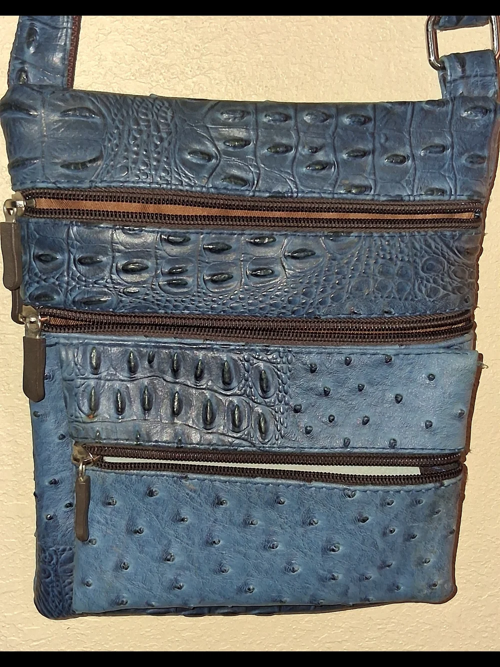Unisex Blue Croc-Embossed Crossbody Bag
